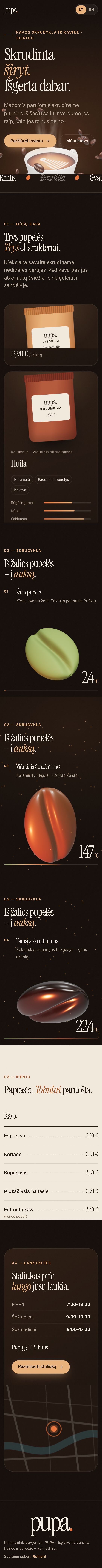 Ta pati PUPA svetainė telefone: meniu, kavos pupelės ir skrudinimo istorija